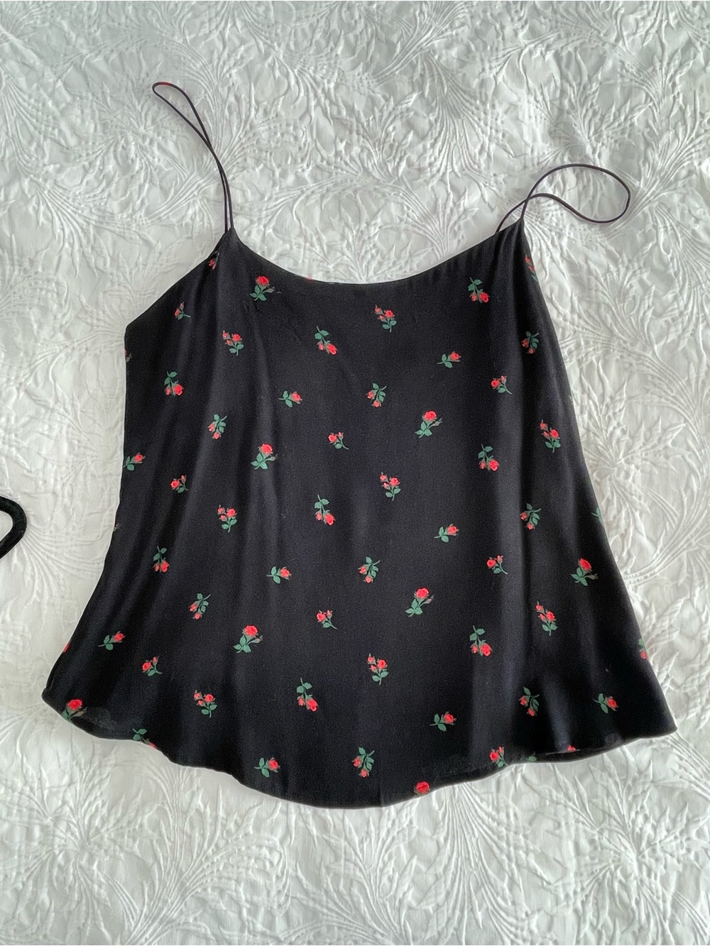 Reformation Black Floral Spaghetti Strap Cami with Red Rose Print